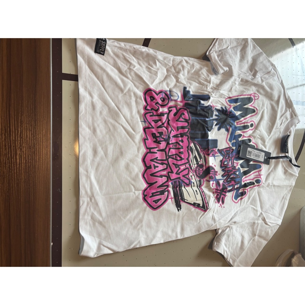 Supply & Demand Miami Beach Graphic Tee White Pink Blue SUM17363 Mens Small NWT